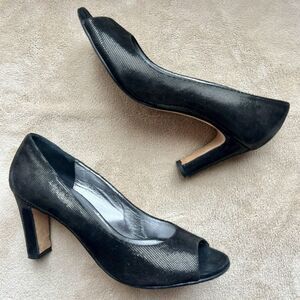 Taryn Rose Patterned Black Leather Peep Toe Block Heels Women EU 37 US 6.5 - 7